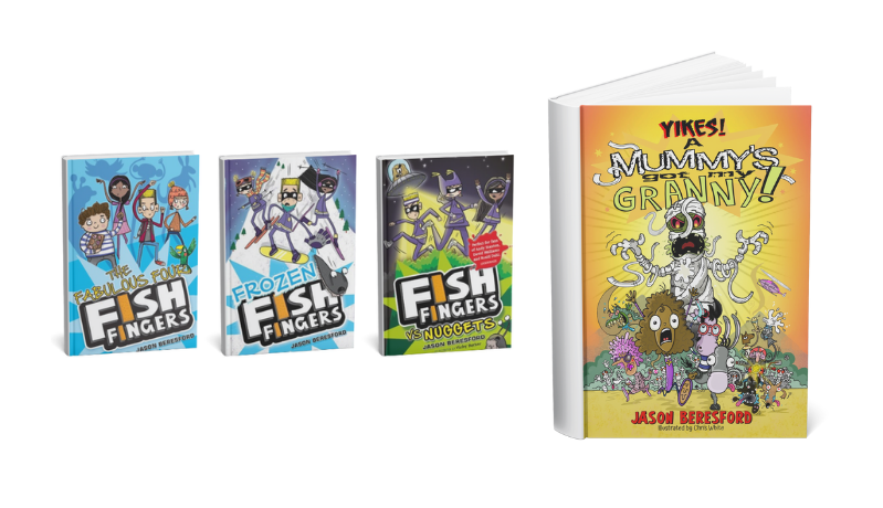 Covers of The Fabulous Four Fish Fingers trilogy and Yikes! A Mummy's Got My Granny! by Jason Beresford
